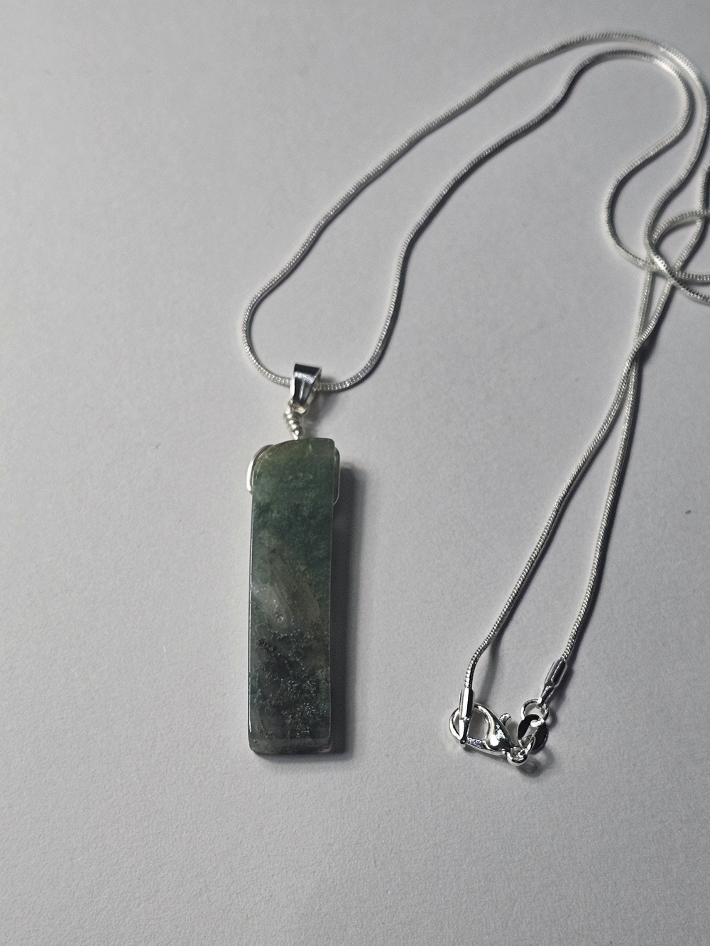 Silver Moss Agate Rectangular Pendant Necklace - Women Jewelry - Picture 5 of 7